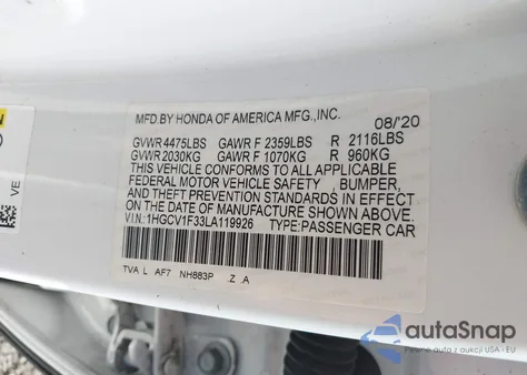 2020 Honda Accord Sport z USA, uszkodzony, nr VIN 1HGCV1F33LA119926